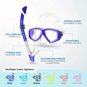 Premium Dry Top Snorkel Set - Impact hardened glass scuba mask, waterproof and fog free lenses for optimal viewing, easy to adjust shoulder strap, snorkeling gear