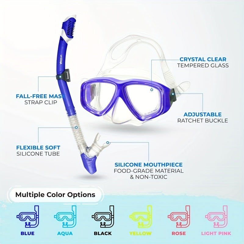 Premium Dry Top Snorkel Set - Impact hardened glass scuba mask, waterproof and fog free lenses for optimal viewing, easy to adjust shoulder strap, snorkeling gear