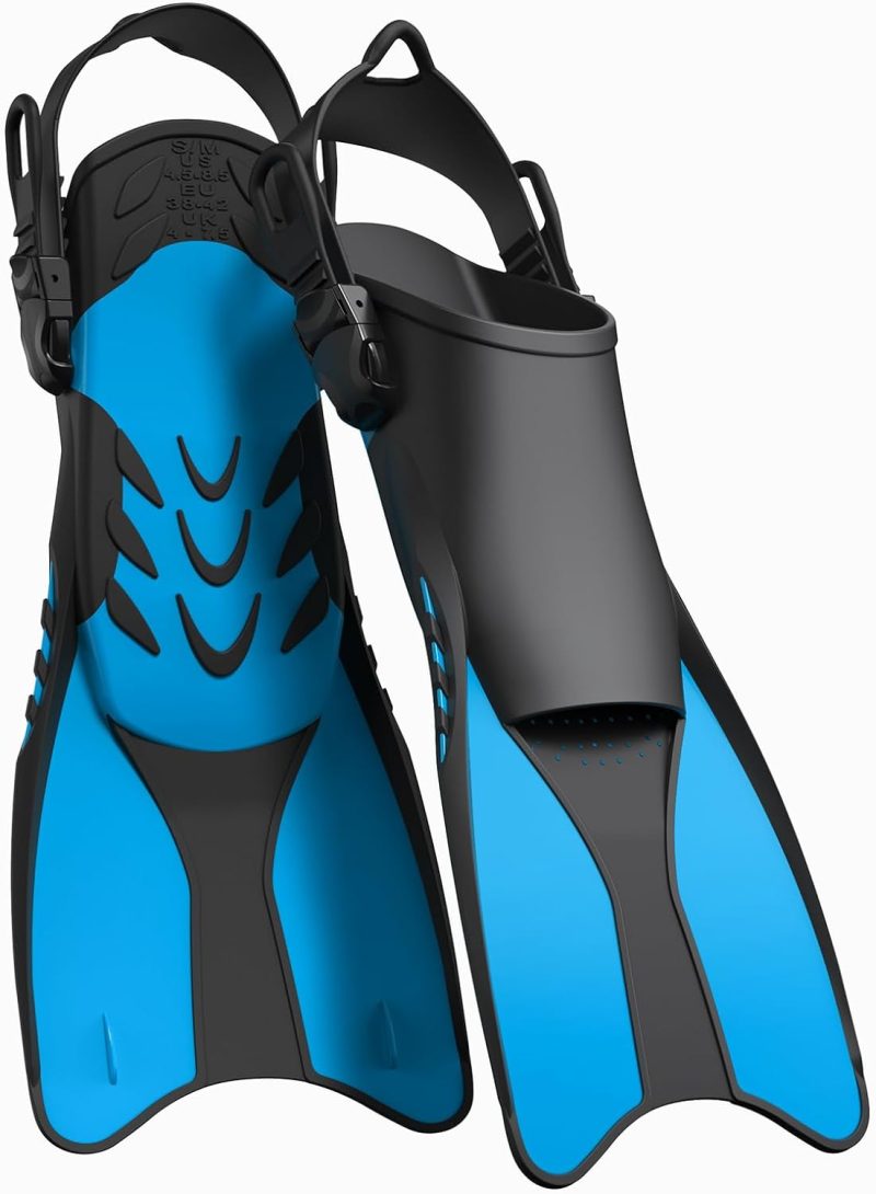 Snorkel Fins Adjustable Open Heel Fins,Dive Fins Light and Strong Thrust,Anti Slip Design Swim Fins,Travel Size Short Snorkeling Flippers,Swim Flippers for Adult Women Men.