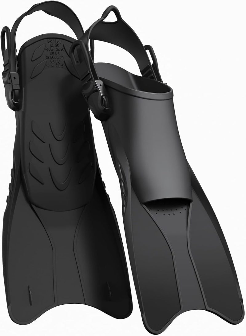 Snorkel Fins Adjustable Open Heel Fins,Dive Fins Light and Strong Thrust,Anti Slip Design Swim Fins,Travel Size Short Snorkeling Flippers,Swim Flippers for Adult Women Men.