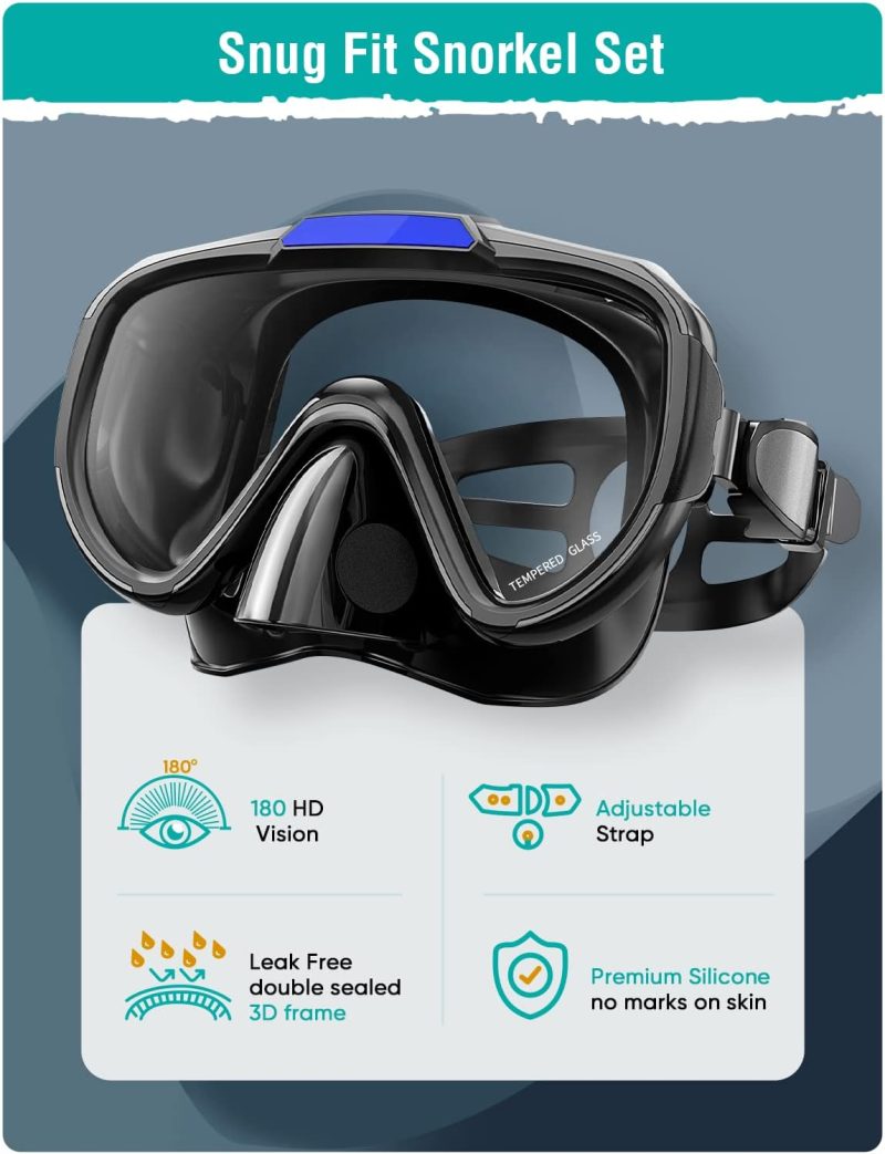 Snorkel Set Adults Snorkeling Gear Anti-Fog Panoramic View Swim Mask Dry Top Snorkel Kit with Carry Bag for Snorkeling Scuba Diving Swimming Travel