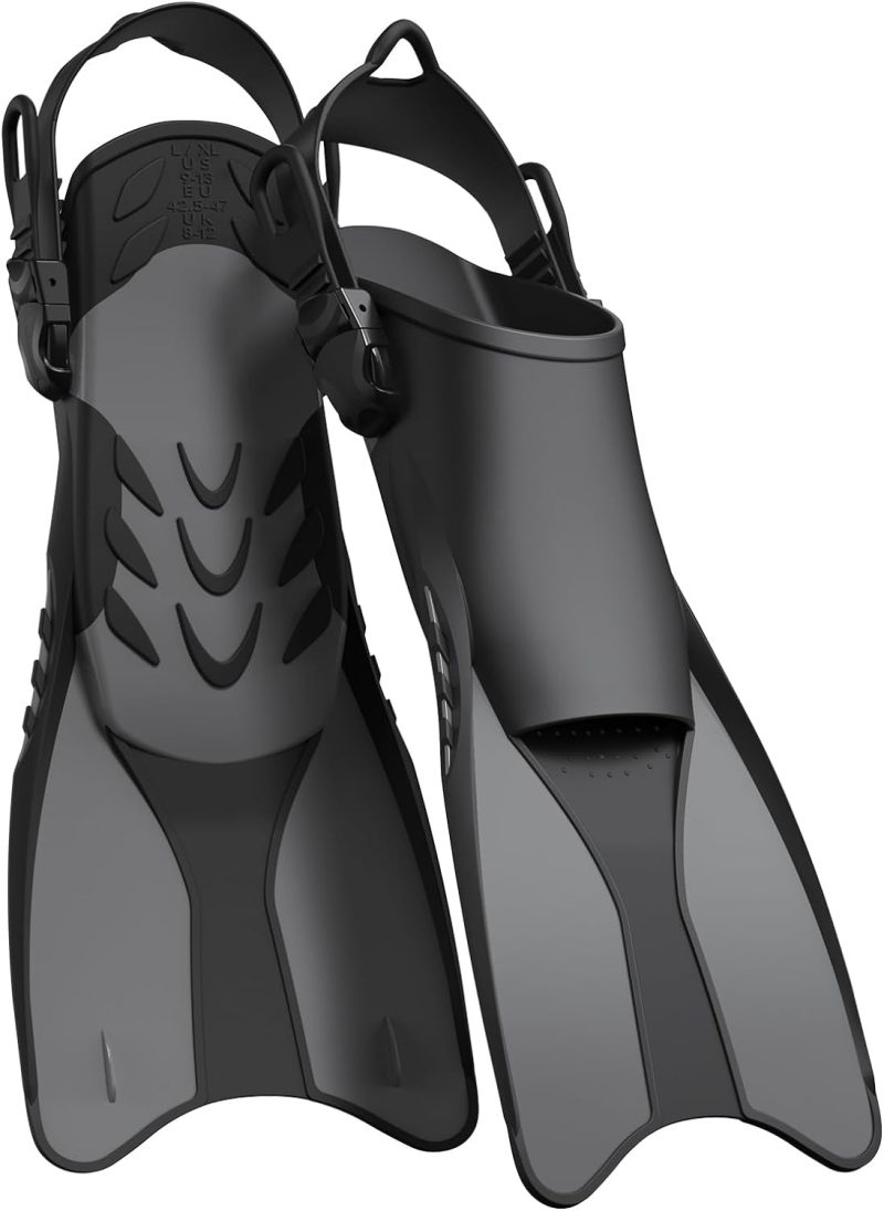 Snorkel Fins Adjustable Open Heel Fins,Dive Fins Light and Strong Thrust,Anti Slip Design Swim Fins,Travel Size Short Snorkeling Flippers,Swim Flippers for Adult Women Men.