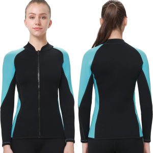 Wetsuit Top Women 2mm Neoprene Jacket, Long Sleeves Front Zipper Ladies Wet Suit 1.5mm for Surfing Diving Swimming Snorkeling Kayaking