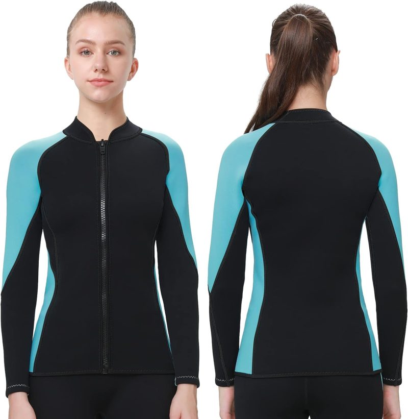 Wetsuit Top Women 2mm Neoprene Jacket, Long Sleeves Front Zipper Ladies Wet Suit 1.5mm for Surfing Diving Swimming Snorkeling Kayaking
