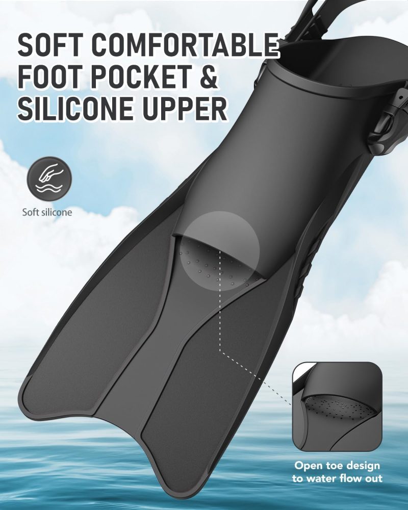 Snorkel Fins Adjustable Open Heel Fins,Dive Fins Light and Strong Thrust,Anti Slip Design Swim Fins,Travel Size Short Snorkeling Flippers,Swim Flippers for Adult Women Men.