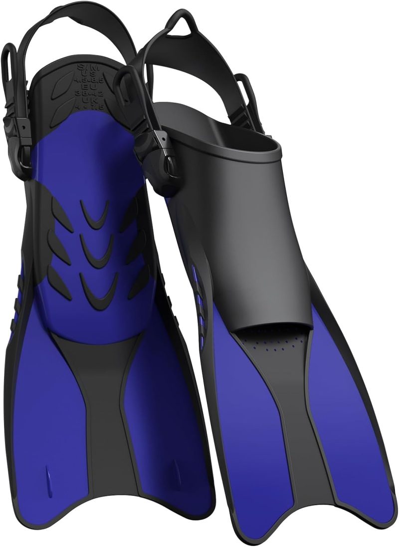 Snorkel Fins Adjustable Open Heel Fins,Dive Fins Light and Strong Thrust,Anti Slip Design Swim Fins,Travel Size Short Snorkeling Flippers,Swim Flippers for Adult Women Men.