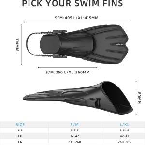 Swim Fins, Snorkel Fins with Adjustable Open Heel for Snorkeling, Diving, Swimming, Travel Size Snorkel Fins for Adult Men Women