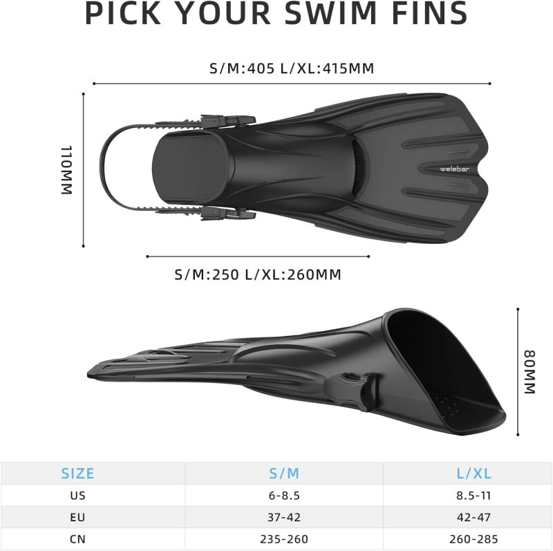 Swim Fins, Snorkel Fins with Adjustable Open Heel for Snorkeling, Diving, Swimming, Travel Size Snorkel Fins for Adult Men Women