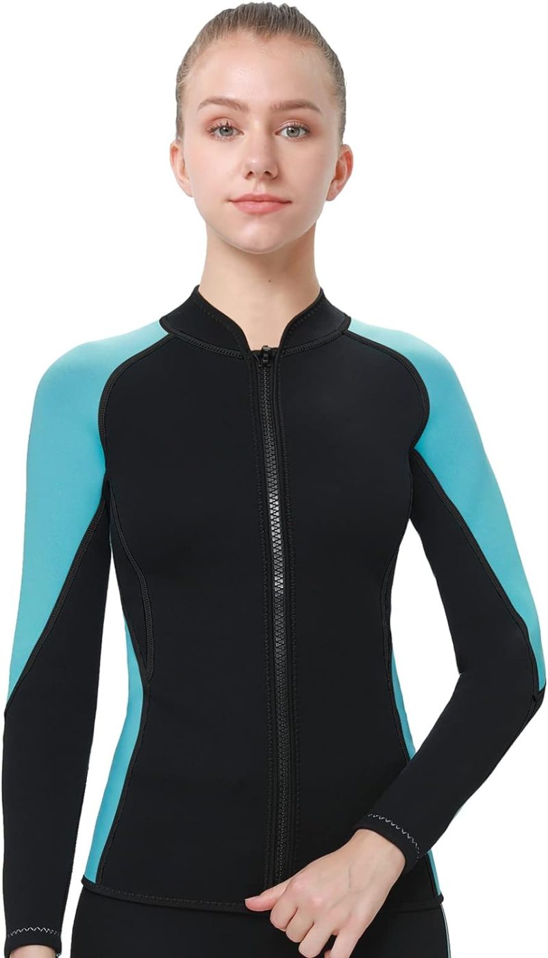 Wetsuit Top Women 2mm Neoprene Jacket, Long Sleeves Front Zipper Ladies Wet Suit 1.5mm for Surfing Diving Swimming Snorkeling Kayaking