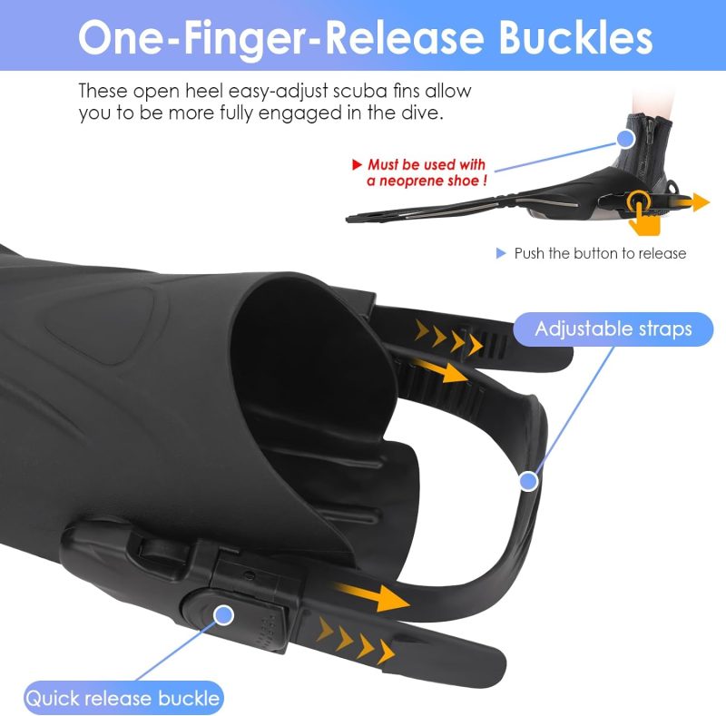Diving Fins, Powerful Efficient Open Heel Scuba Diving Fins, Flippers for Snorkeling and Freediving with Adjustable Buckles