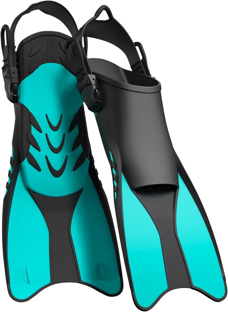 Snorkel Fins Adjustable Open Heel Fins,Dive Fins Light and Strong Thrust,Anti Slip Design Swim Fins,Travel Size Short Snorkeling Flippers,Swim Flippers for Adult Women Men.