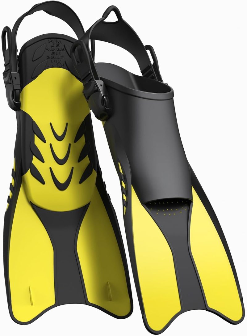 Snorkel Fins Adjustable Open Heel Fins,Dive Fins Light and Strong Thrust,Anti Slip Design Swim Fins,Travel Size Short Snorkeling Flippers,Swim Flippers for Adult Women Men.