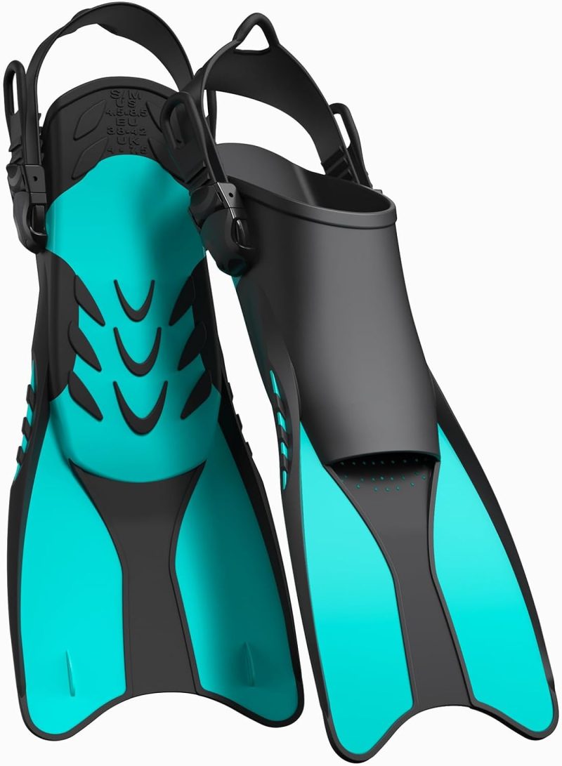 Snorkel Fins Adjustable Open Heel Fins,Dive Fins Light and Strong Thrust,Anti Slip Design Swim Fins,Travel Size Short Snorkeling Flippers,Swim Flippers for Adult Women Men.