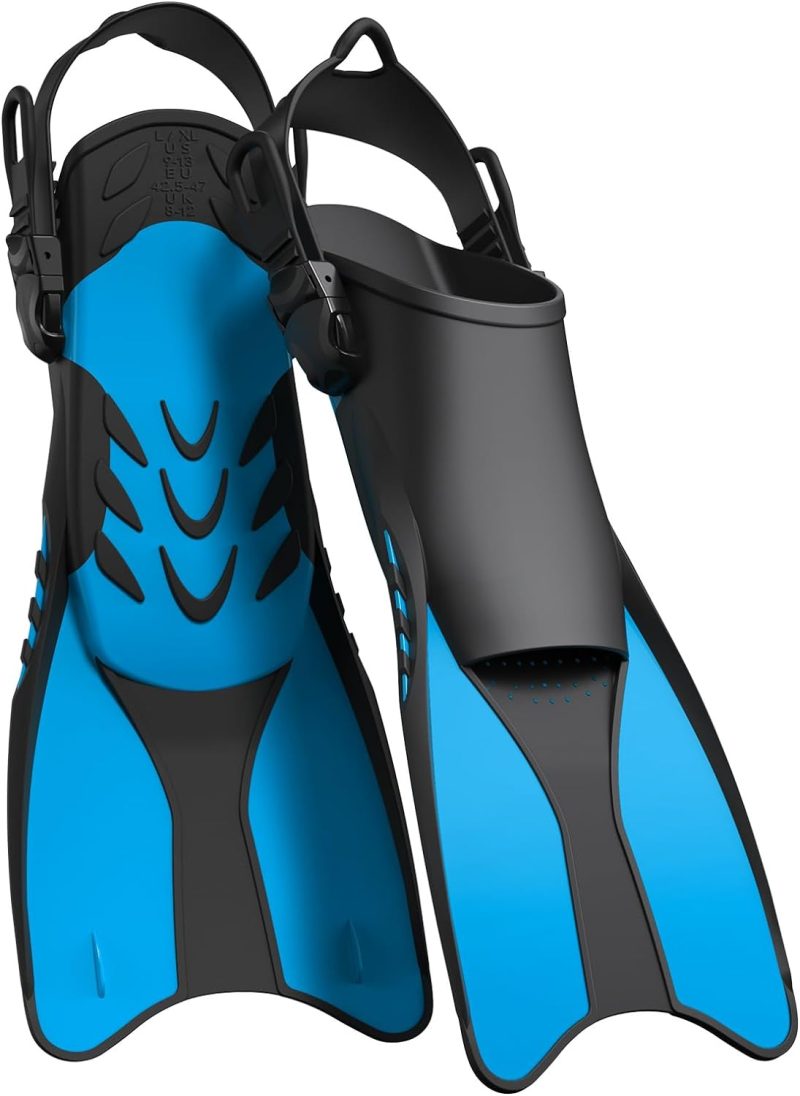 Snorkel Fins Adjustable Open Heel Fins,Dive Fins Light and Strong Thrust,Anti Slip Design Swim Fins,Travel Size Short Snorkeling Flippers,Swim Flippers for Adult Women Men.