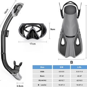 Mask Fin Snorkel Set, Snorkeling Gear for Adults with Panoramic View Mask, Dry Top Snorkel, Adjustable Swim Fins and Travel Bag, Man Woman Snorkel Gear for Swimming Snorkeling Diving