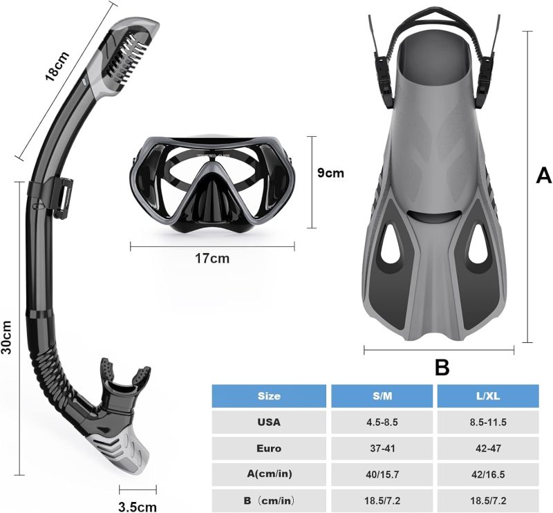 Mask Fin Snorkel Set, Snorkeling Gear for Adults with Panoramic View Mask, Dry Top Snorkel, Adjustable Swim Fins and Travel Bag, Man Woman Snorkel Gear for Swimming Snorkeling Diving