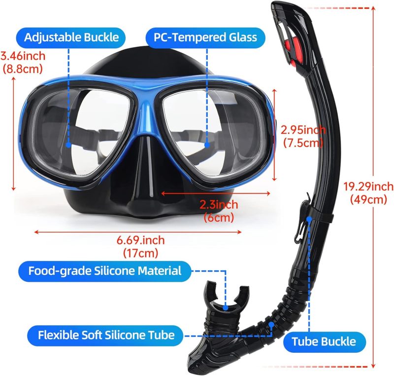 Nearsighted Snorkeling Gear for Adults Youth, Professional Full Dry Top Silicone Snorkel Set, Anti-Fog Scuba Diving Mask with Adjustable Strap