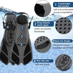 Swim Fins Snorkel Fins Snorkeling Gear Flippers for Swimming Short Diving Fins Travel Size with Mesh Bag Extra Fin Strap Open Heel Adjustable