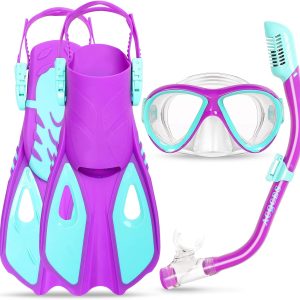 Kids Mask Fins Snorkel Set, Dry Top Snorkeling Gear for Kids Youth Boys Girls Junior Age 5-15 Tempered Glass Snorkel Mask Set Panoramic View Snorkeling Packages
