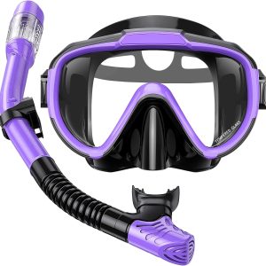 Snorkel Set Adults Snorkeling Gear Anti-Fog Panoramic View Swim Mask Dry Top Snorkel Kit with Carry Bag for Snorkeling Scuba Diving Swimming Travel