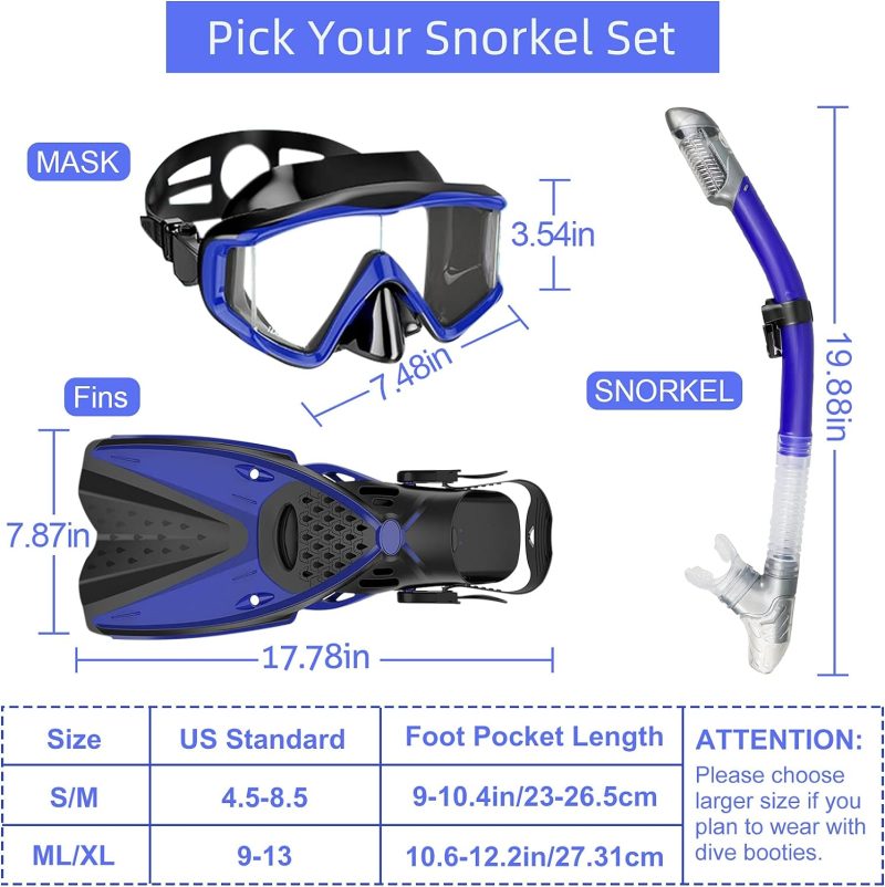 Mask Fins Snorkeling Gear for Adults Men Women, Swim Goggles 180° Panoramic View Diving Mask Anti-Fog Anti-Leak&Dry Top Snorkel and Dive Flippers with Gear Bag for Snorkeling Swimming