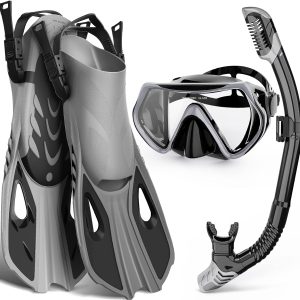 Mask Fin Snorkel Set, Snorkeling Gear for Adults with Panoramic View Mask, Dry Top Snorkel, Adjustable Swim Fins and Travel Bag, Man Woman Snorkel Gear for Swimming Snorkeling Diving