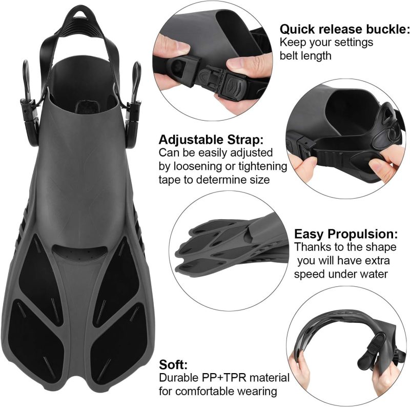 Snorkel Fins, Travel Size Adjustable Strap Diving Flippers with Mesh Bag and Extra Buckle Connector for Men Women Snorkeling Diving Swimming