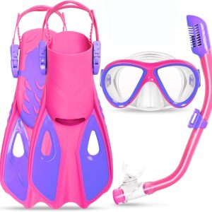 Kids Mask Fins Snorkel Set, Dry Top Snorkeling Gear for Kids Youth Boys Girls Junior Age 5-15 Tempered Glass Snorkel Mask Set Panoramic View Snorkeling Packages