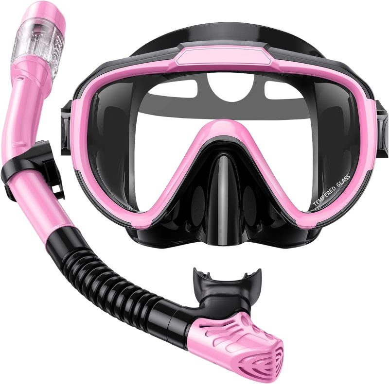 Snorkel Set Adults Snorkeling Gear Anti-Fog Panoramic View Swim Mask Dry Top Snorkel Kit with Carry Bag for Snorkeling Scuba Diving Swimming Travel