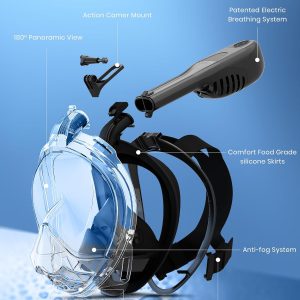 Elecctric Free Breathing Full Face Snorkel Mask for Adult - 180°Panoramic View/Anti-Fog/Anti-Leak Scuba mask with Camera Mount,Snorkeling Gear for Adults