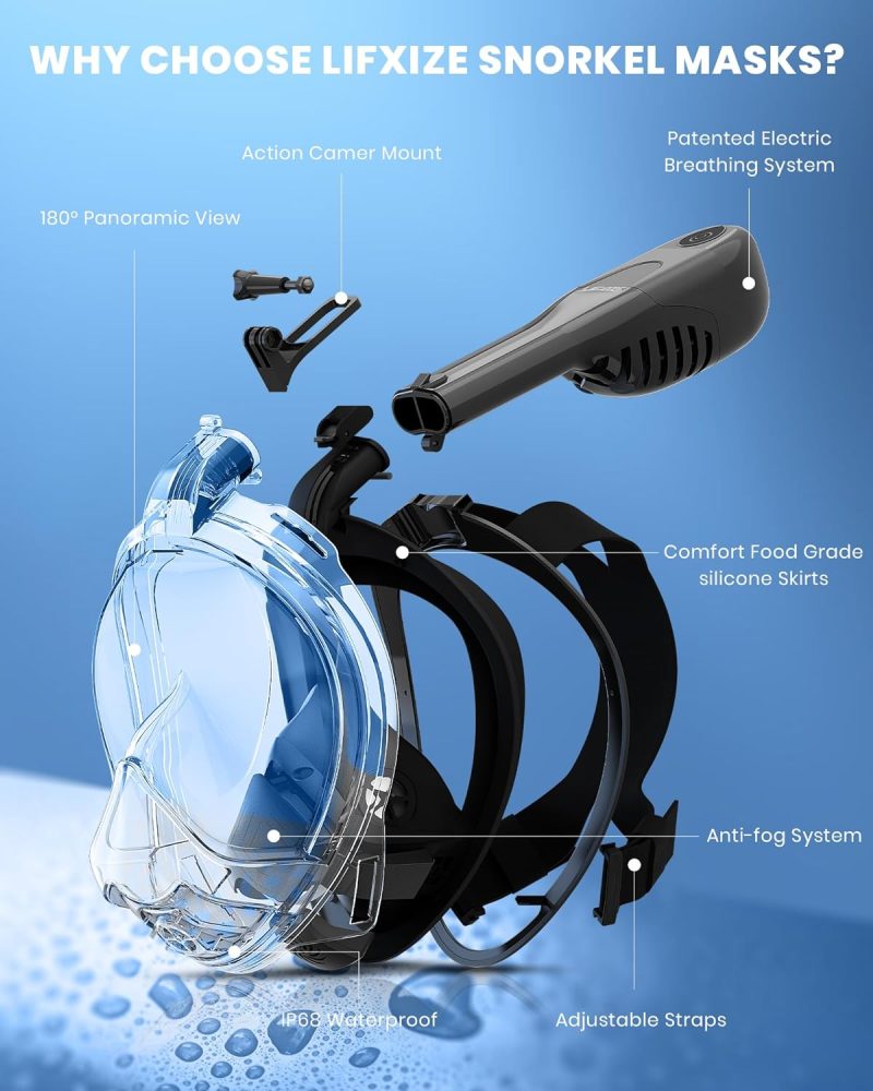 Elecctric Free Breathing Full Face Snorkel Mask for Adult - 180°Panoramic View/Anti-Fog/Anti-Leak Scuba mask with Camera Mount,Snorkeling Gear for Adults