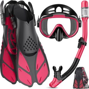 Snorkeling Gear for Adults Men Women,4 in 1 Snorkel Set with Panoramic View Diving Mask Anti-Fog Anti-Leak,Dry Top Snorkel,Fins and Travel Bag for Swimming,Snorkeling and Travel Diving