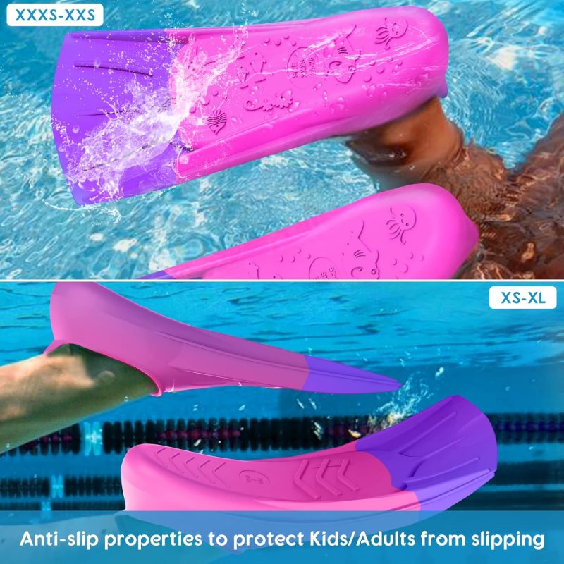 Swim Fins, Kids Swim Training Fins for Lap Swimming, Travel Size Flippers with Mesh Bag, Silicone Swimming Fins for Kids Teens Adults Women Men