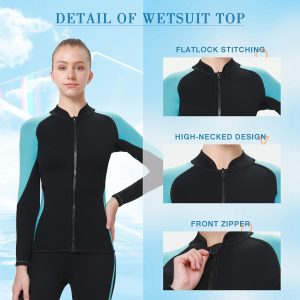 Wetsuit Top Women 2mm Neoprene Jacket, Long Sleeves Front Zipper Ladies Wet Suit 1.5mm for Surfing Diving Swimming Snorkeling Kayaking
