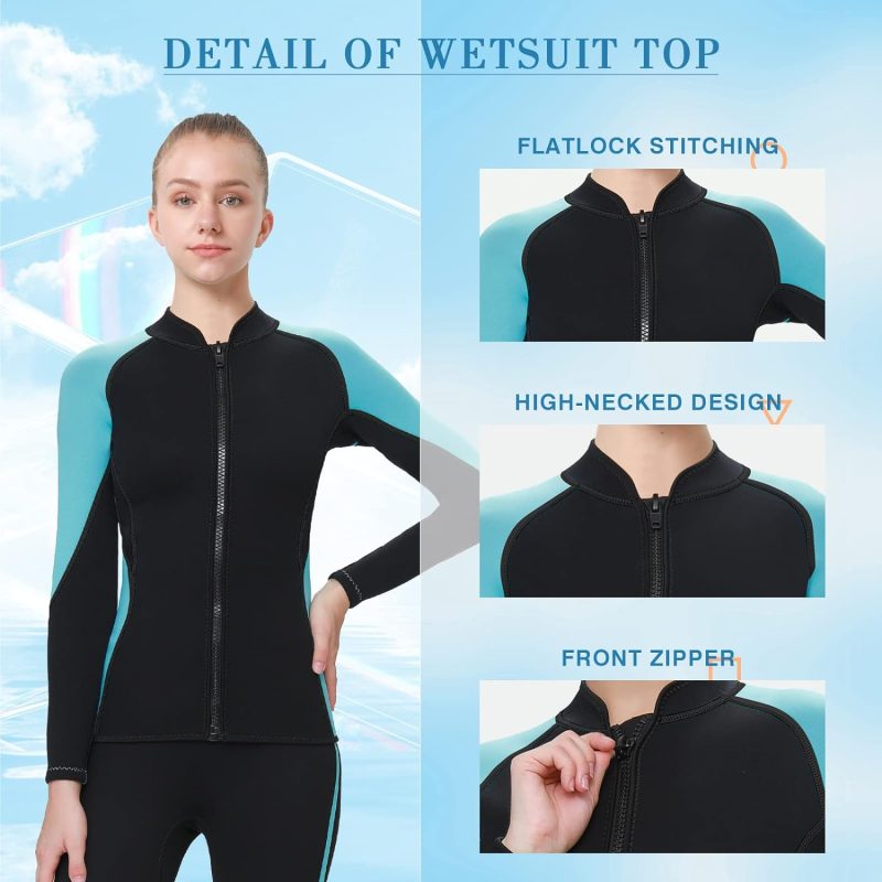Wetsuit Top Women 2mm Neoprene Jacket, Long Sleeves Front Zipper Ladies Wet Suit 1.5mm for Surfing Diving Swimming Snorkeling Kayaking