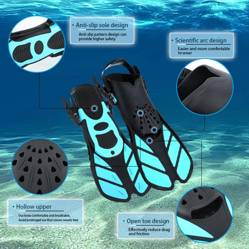 Snorkel Fins, Adjustable Buckles Open Heel Swim Flippers, Snorkeling Gear Flippers, Travel Size Short Swim Fins for Snorkeling Diving Swimming Adult Men Womens