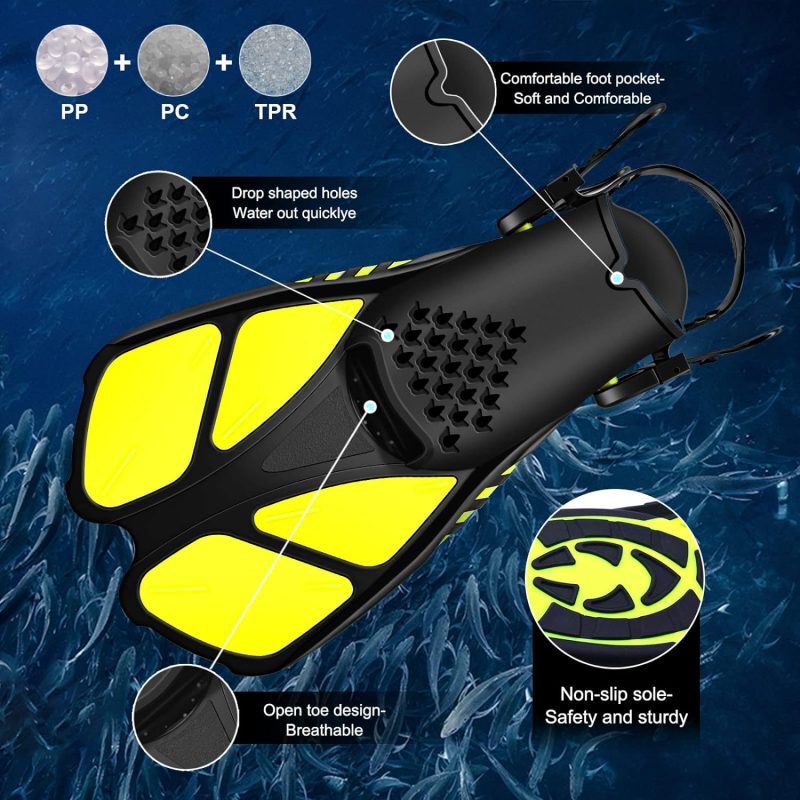 Swim Fins Open Heel, Adjustable and Light Diving Fins with Good Thrust, Travel Size Short Flippers for Snorkeling Swimming （Unisex）