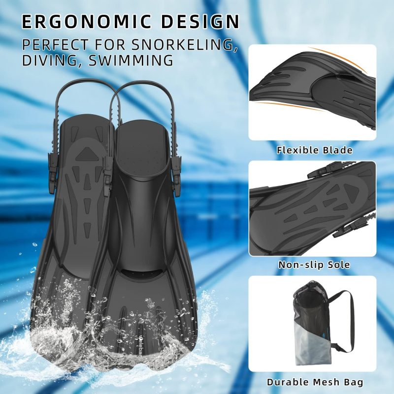 Swim Fins, Snorkel Fins with Adjustable Open Heel for Snorkeling, Diving, Swimming, Travel Size Snorkel Fins for Adult Men Women