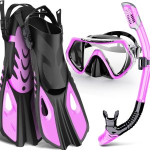 Mask Fin Snorkel Set, Snorkeling Gear for Adults with Panoramic View Mask, Dry Top Snorkel, Adjustable Swim Fins and Travel Bag, Man Woman Snorkel Gear for Swimming Snorkeling Diving