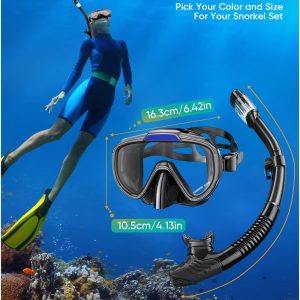 Snorkel Set Adults Snorkeling Gear Anti-Fog Panoramic View Swim Mask Dry Top Snorkel Kit with Carry Bag for Snorkeling Scuba Diving Swimming Travel