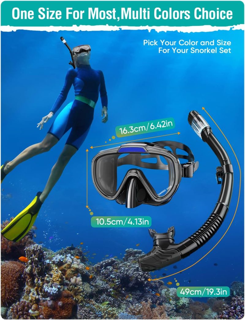 Snorkel Set Adults Snorkeling Gear Anti-Fog Panoramic View Swim Mask Dry Top Snorkel Kit with Carry Bag for Snorkeling Scuba Diving Swimming Travel