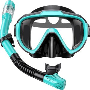 Snorkel Set Adults Snorkeling Gear Anti-Fog Panoramic View Swim Mask Dry Top Snorkel Kit with Carry Bag for Snorkeling Scuba Diving Swimming Travel