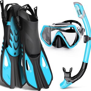 Mask Fin Snorkel Set, Snorkeling Gear for Adults with Panoramic View Mask, Dry Top Snorkel, Adjustable Swim Fins and Travel Bag, Man Woman Snorkel Gear for Swimming Snorkeling Diving