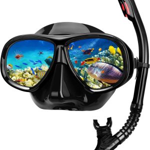 Snorkeling Gear for Adults, Snorkel Mask Adult Set Wide View Scuba Mask Anti-Leak and Anti-Fog Tempered Glass Lens Dry Top Mask Nose Cover for Youth