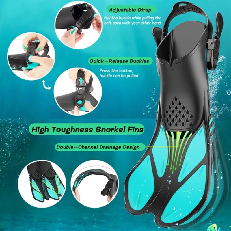 Snorkel Fins, Adjustable Buckles Open Heel Swim Flippers, Snorkeling Gear Flippers, Travel Size Short Swim Fins for Snorkeling Diving Swimming Adult Men Womens