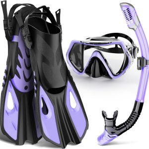 Mask Fin Snorkel Set, Snorkeling Gear for Adults with Panoramic View Mask, Dry Top Snorkel, Adjustable Swim Fins and Travel Bag, Man Woman Snorkel Gear for Swimming Snorkeling Diving