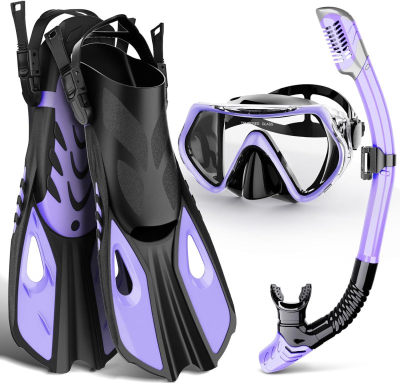 Mask Fin Snorkel Set, Snorkeling Gear for Adults with Panoramic View Mask, Dry Top Snorkel, Adjustable Swim Fins and Travel Bag, Man Woman Snorkel Gear for Swimming Snorkeling Diving