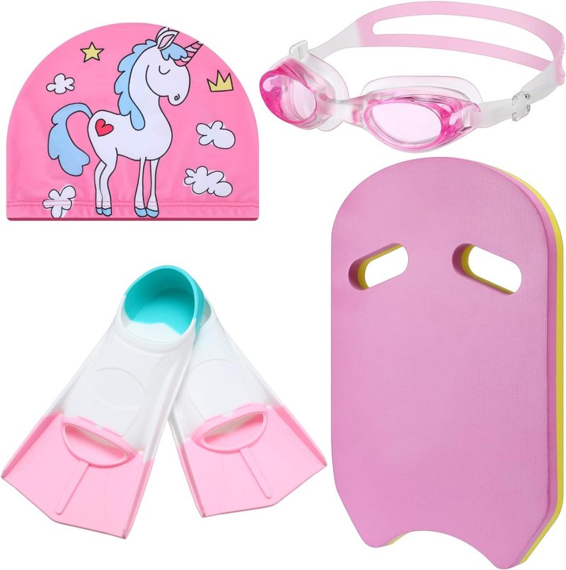 4 Pcs Swim Training Set Swimming Goggles Swim Cap Youth Swimming Fins Silicone Flippers Kickboard for Kids
