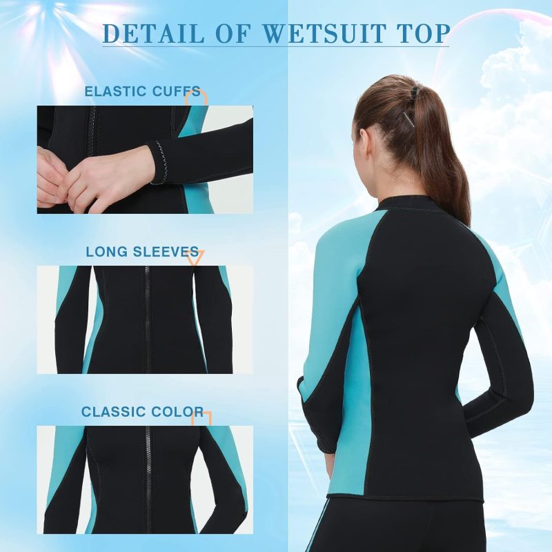 Wetsuit Top Women 2mm Neoprene Jacket, Long Sleeves Front Zipper Ladies Wet Suit 1.5mm for Surfing Diving Swimming Snorkeling Kayaking