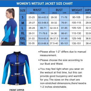 Women Wetsuit Top Swim Jacket Mens Youth Wet Suit Shirt 2mm Neoprene Thermal Swimsuit Front Zip Long Sleeve Cold Water Keep Warm Snorkeling Diving Surfing